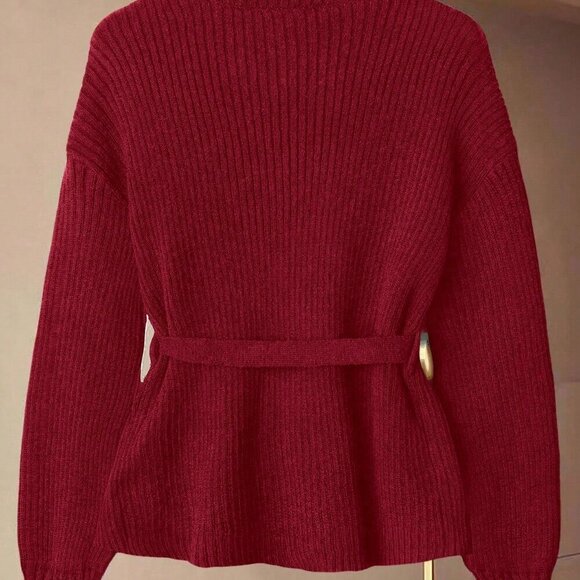 burgunday belted knit sweater top - Picture 2 of 5
